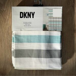 DKNY Chambers Stripe Fabric Shower Curtain 72x72 Aqua Teal Gray Turquoise Grey